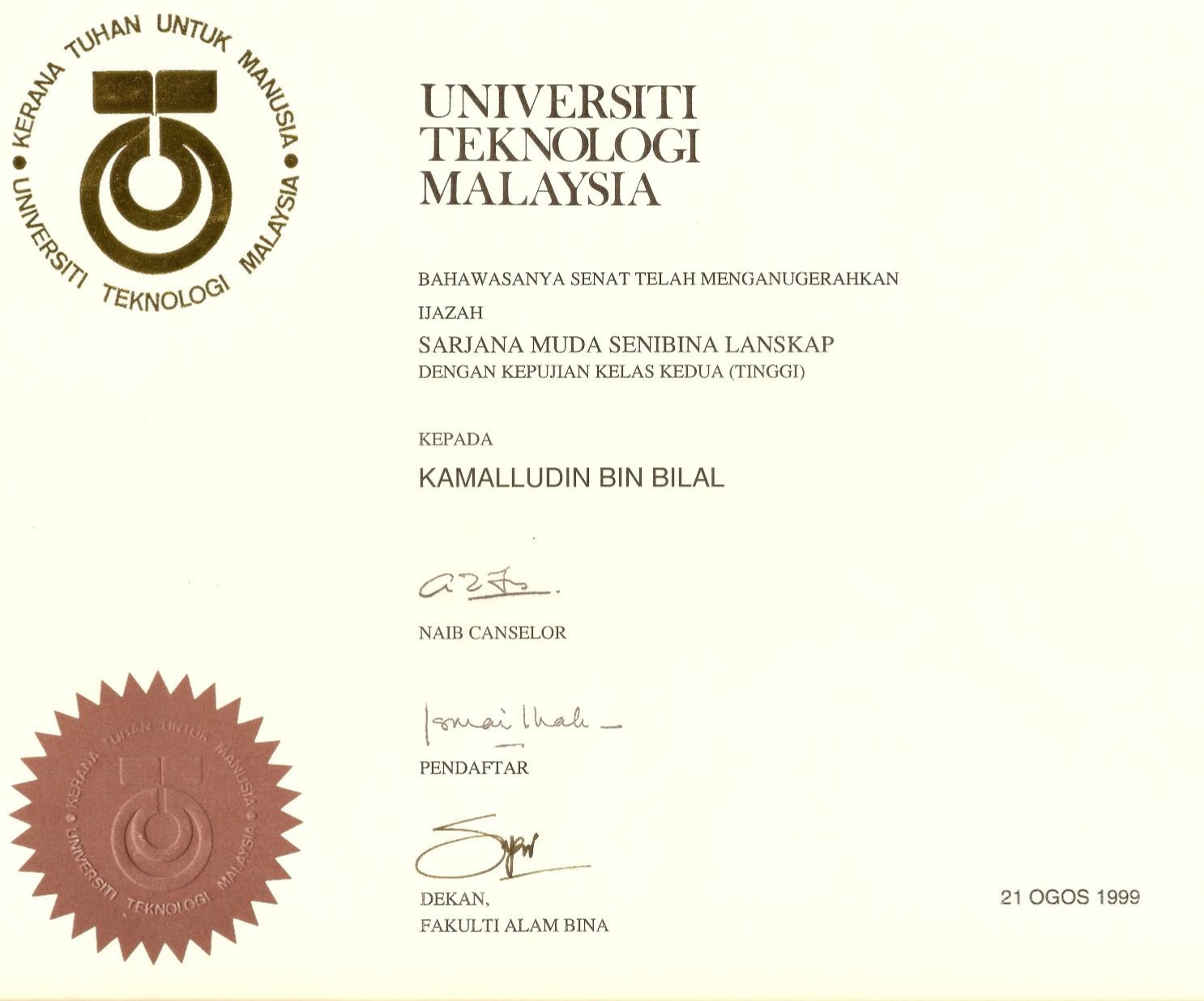 IJAZAH SARJANA MUDA SENIBINA LANDSKAP (DEGREE) UTM 1999