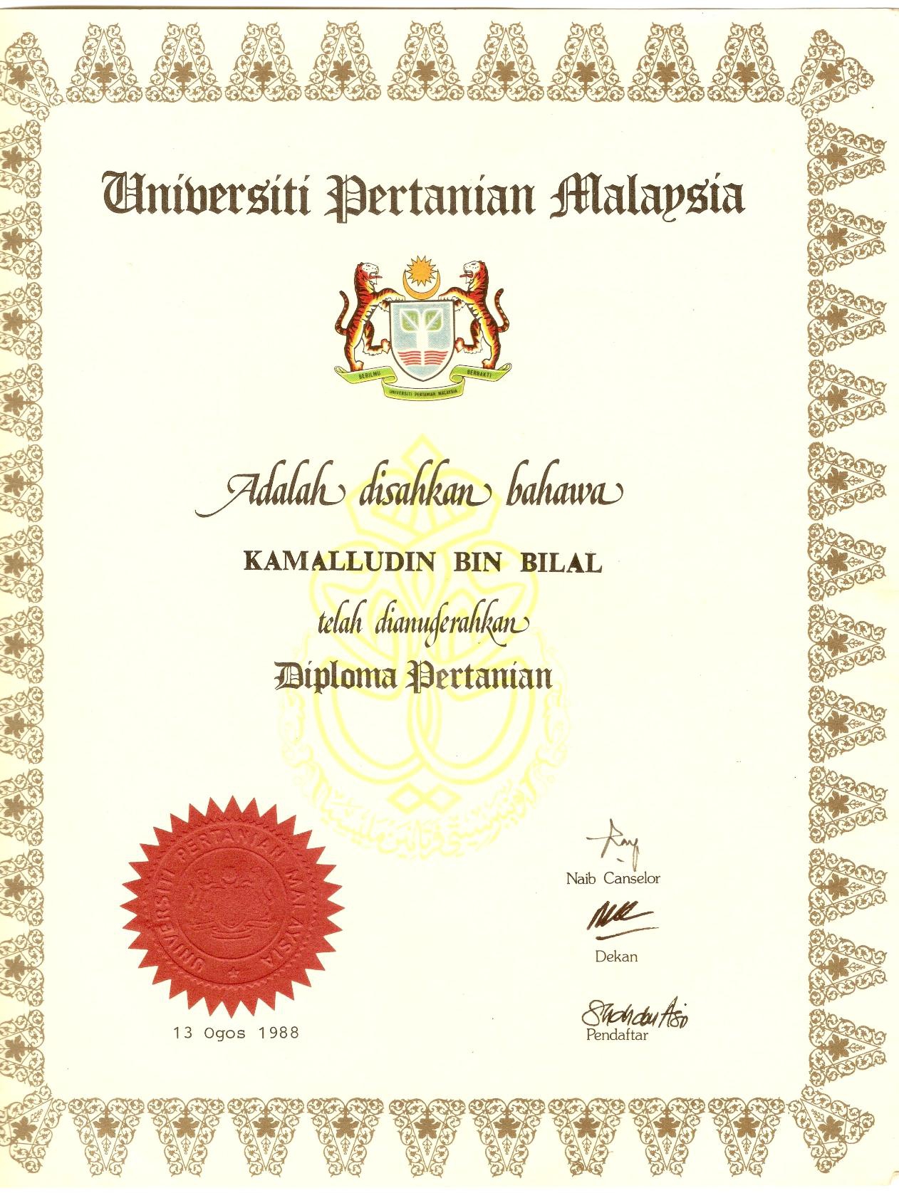 DIPLOMA PERTANIAN UNIVERSITI PERTANIAN MALAYSIA 1988