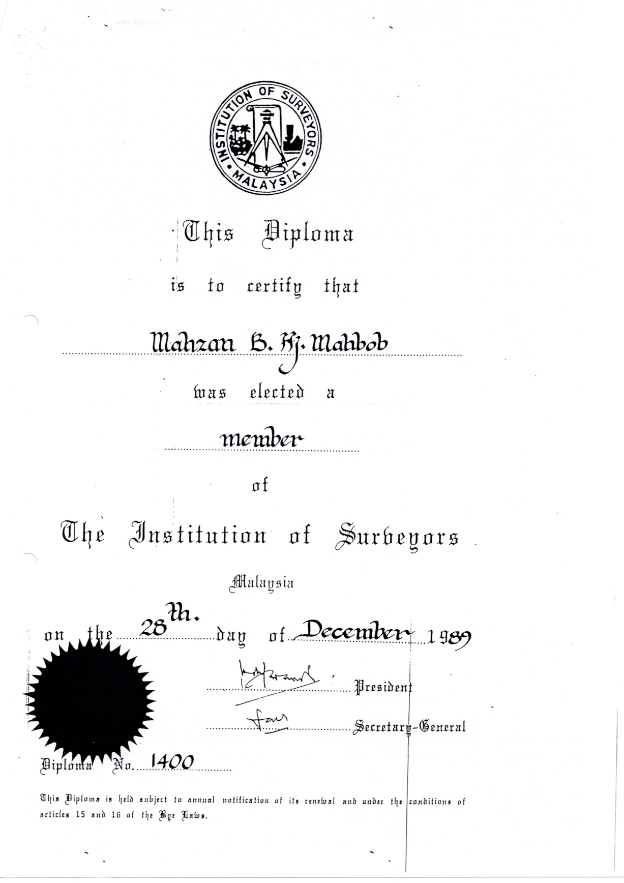 DIPLOMA OF THE INSTITUTION OF SURVEYORS